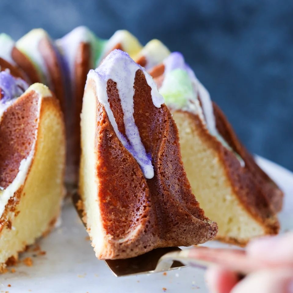 Mardi Gras Bundt Cake Baked Until the Center Springs Back