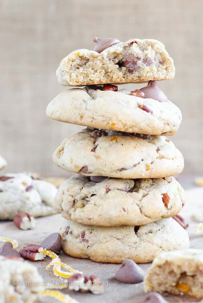 Orange Pecan Milk Chocolate Chip Cookies with a Soft Middle