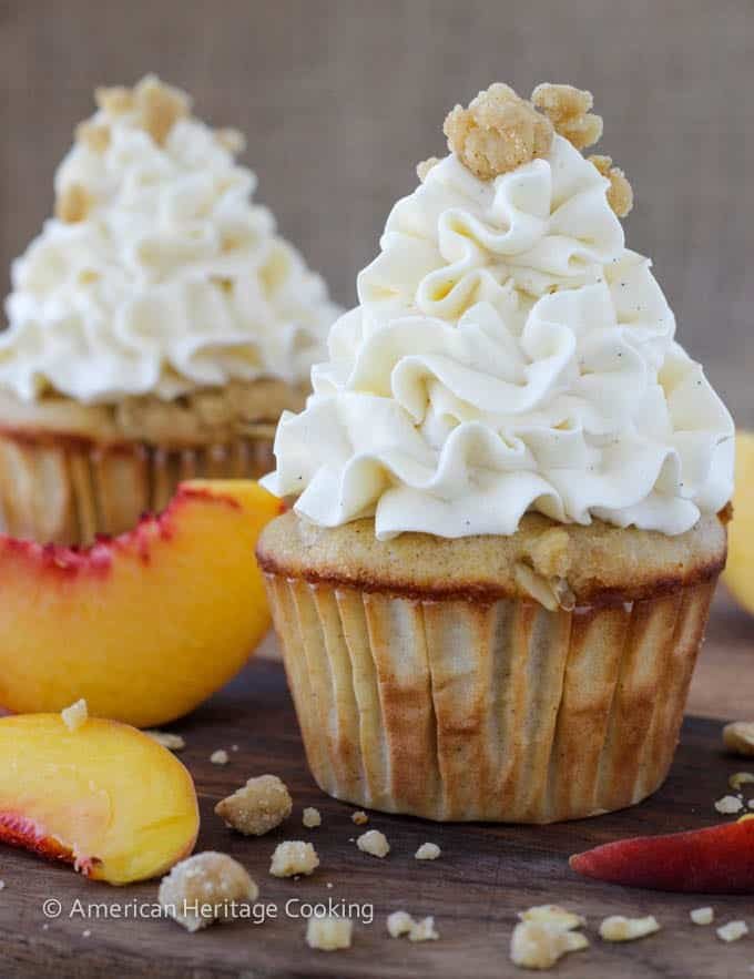 Peach Crisp Cupcakes with Vanilla Swiss Meringue Buttercream for a Smooth Finish