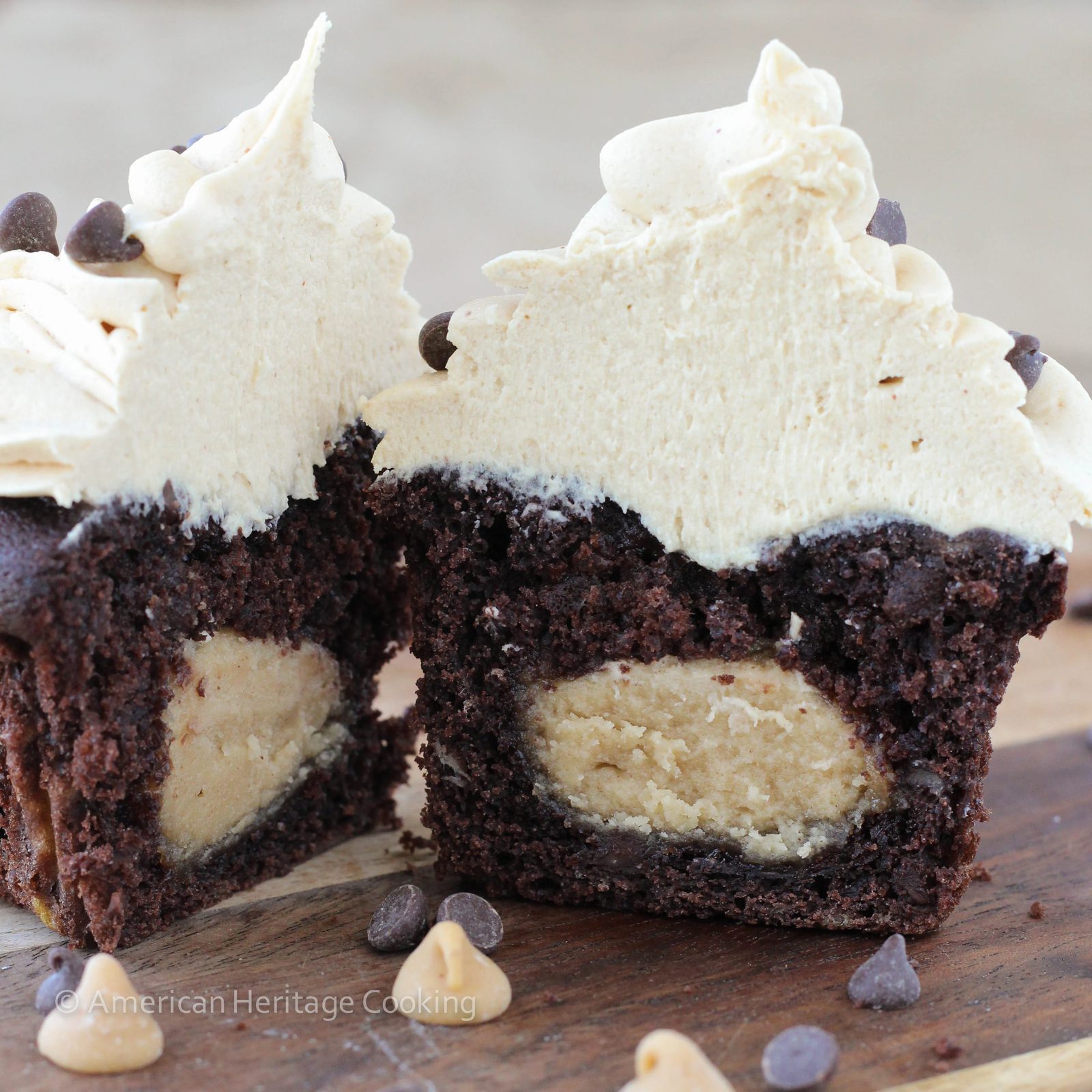 Peanut Butter Stuffed Chocolate Cupcakes with a Tall Crown