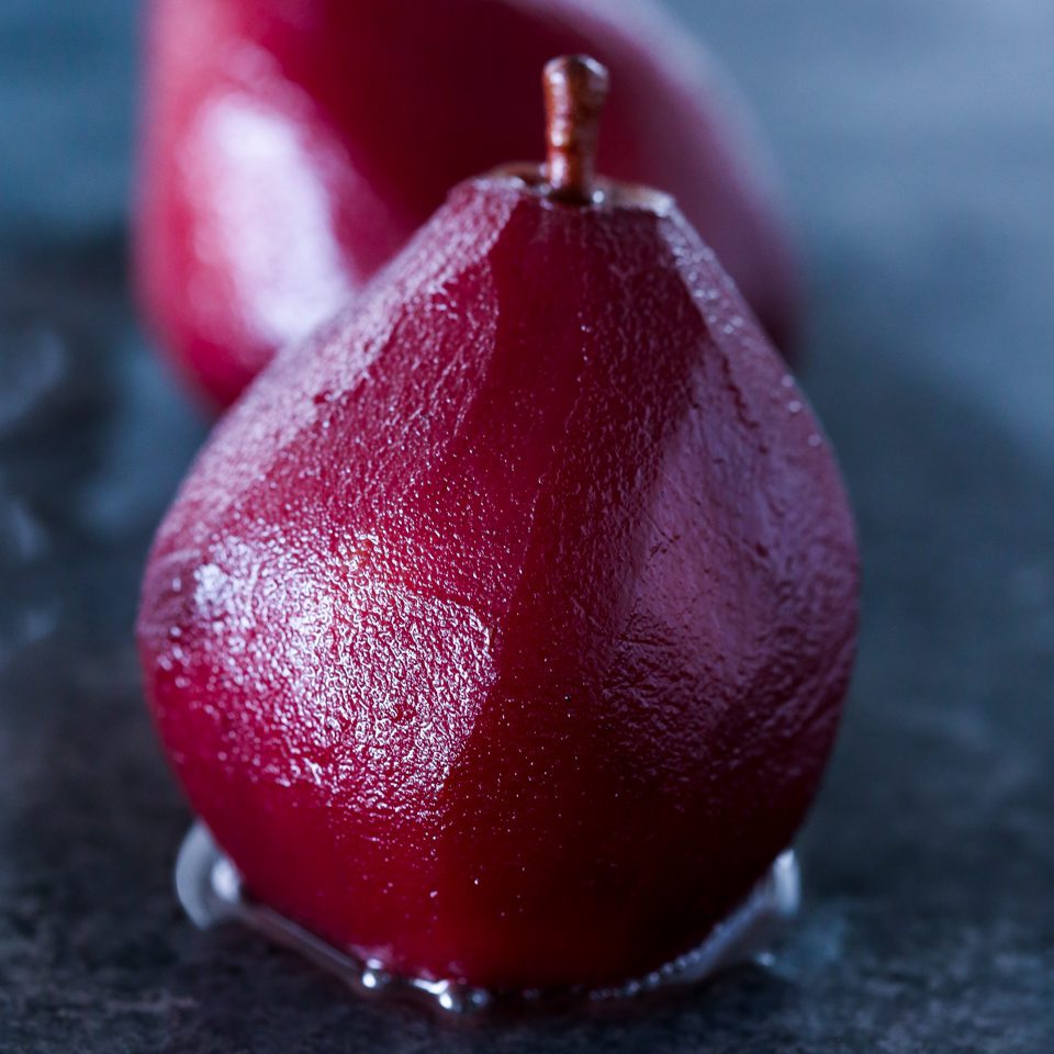 Red Wine Poached Pears with a Clear Method