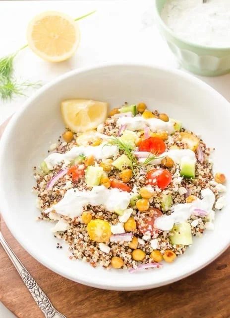 Roasted Chickpea Quinoa Greek Salad with Tzatziki Salad Dressing Tossed to Order