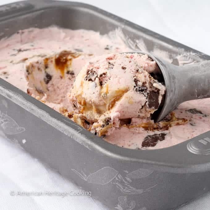 Strawberry Caramel Swirl Chocolate Cookie Ice Cream with a Soft Middle