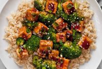 Sticky Honey Garlic Tofu Broccoli Bake