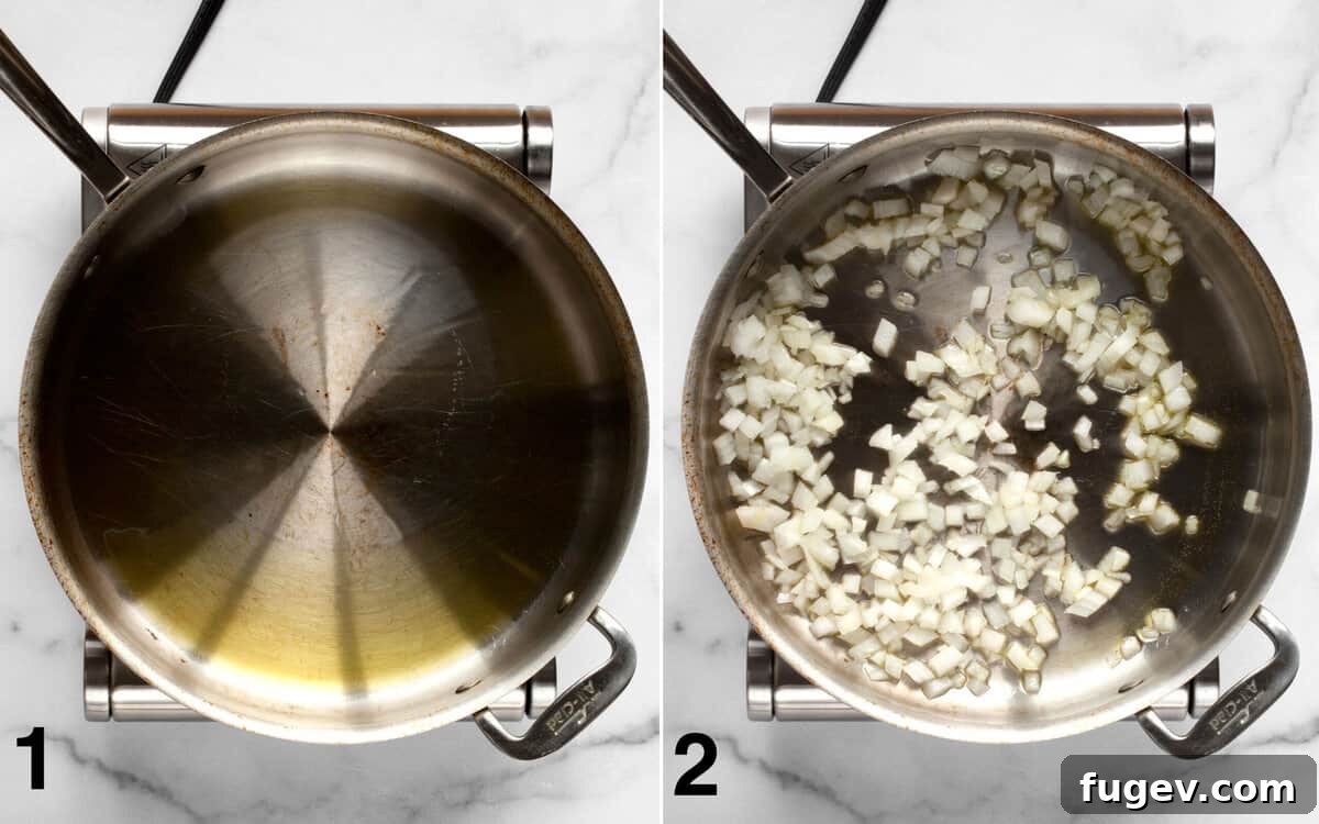 Arrabbiata Penne with a Chickpea Twist 4 Two sequential images: one showing olive oil shimmering in a sauté pan, and the other showing chopped onions gently sautéing in the pan until softened.