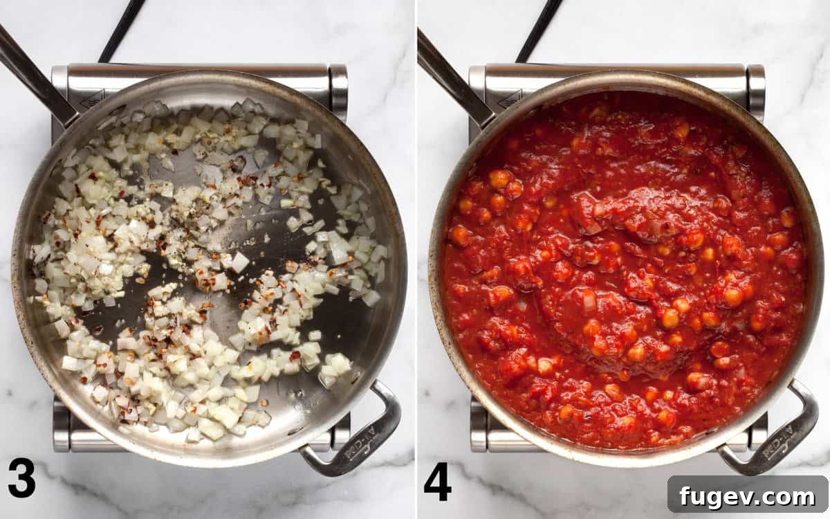 Arrabbiata Penne with a Chickpea Twist 5 Two sequential images: one illustrating minced garlic and red pepper flakes being stirred into sautéed onions, and the next showing crushed tomatoes and chickpeas being poured into the pan, ready to simmer into a sauce.