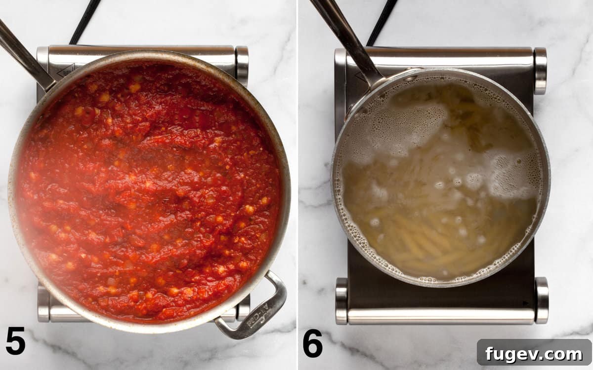 Arrabbiata Penne with a Chickpea Twist 6 Two sequential images: the first shows the vibrant red arrabbiata sauce gently simmering in a skillet, and the second captures penne pasta boiling in a separate pot of water on an adjacent stove burner.