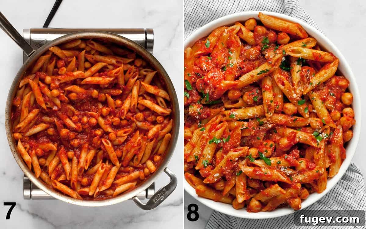 Arrabbiata Penne with a Chickpea Twist 7 Two sequential images: the first displays al dente penne pasta and chickpeas being stirred directly into the rich tomato arrabbiata sauce, and the second shows a finished bowl of Penne Arrabbiata garnished with vibrant green parsley and grated Parmesan cheese.