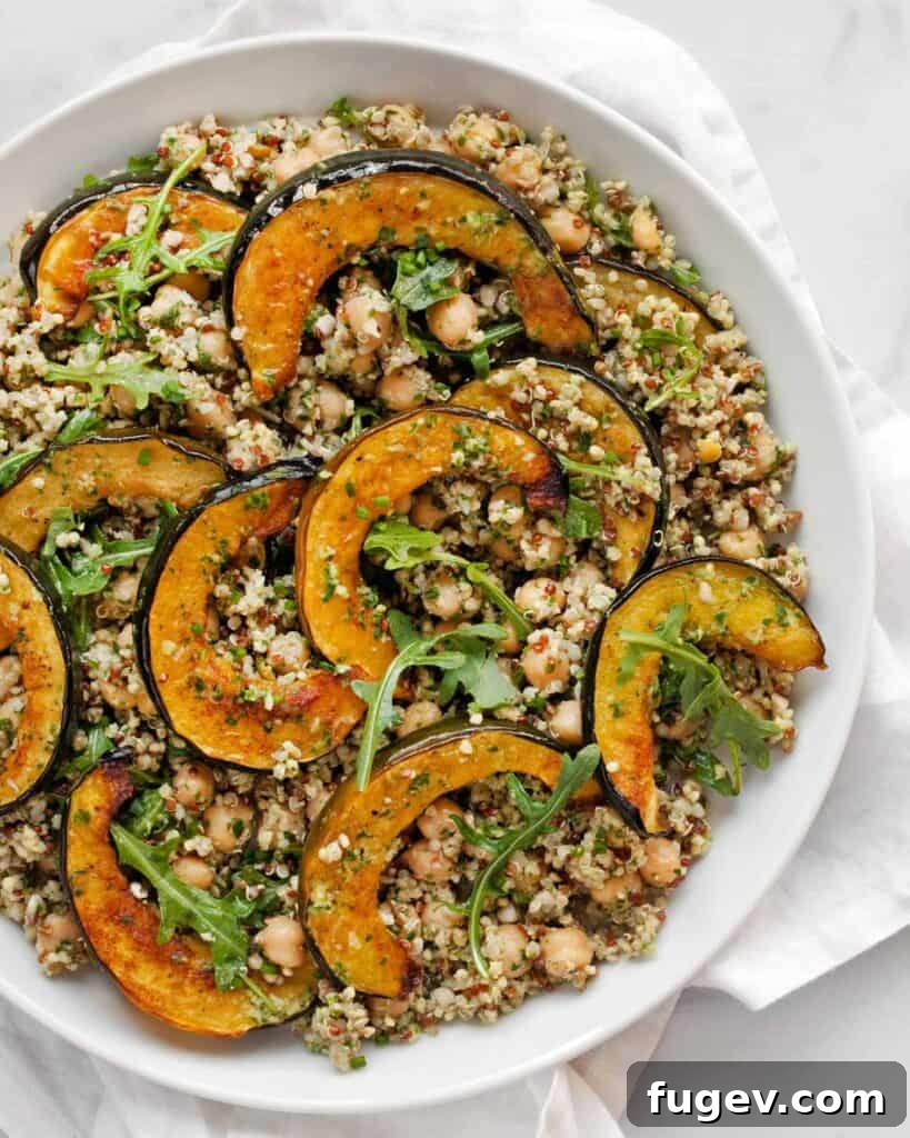 Hearty Acorn Squash and Chickpea Quinoa 5 Overhead view of the finished acorn squash chickpea quinoa in a bowl