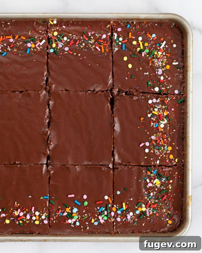 Southern Buttermilk Chocolate Sheet Cake 3 Close-up of a chocolate buttermilk sheet cake decorated with colorful sprinkles