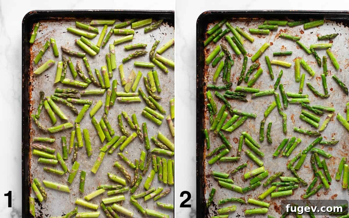 Silky Roasted Asparagus Soup 4 Asparagus stalks on a sheet pan, showing before and after roasting.