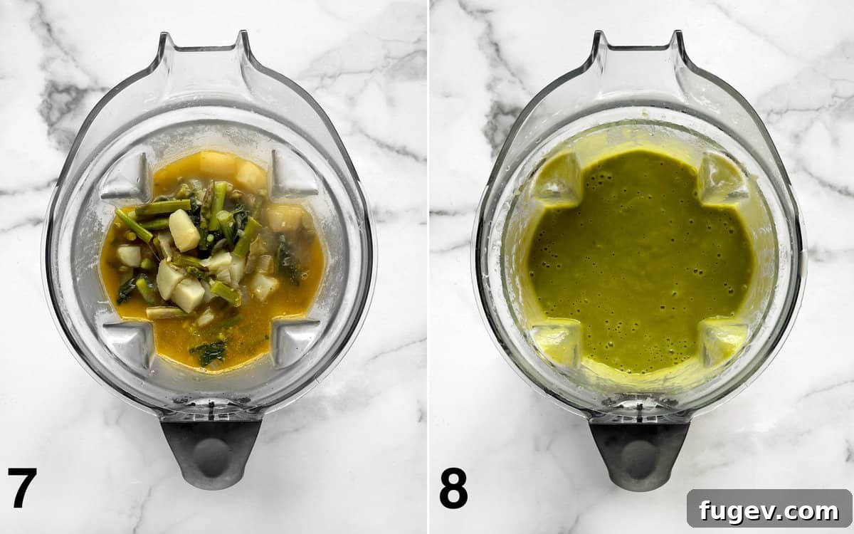 Silky Roasted Asparagus Soup 7 Soup ingredients in a blender before and after pureeing to a smooth consistency.
