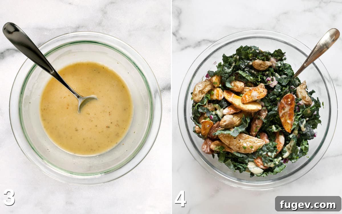Emerald & Gold Potato Salad 5 Creamy tahini dressing in a bowl, and the dressing being drizzled over the colorful potato kale salad.