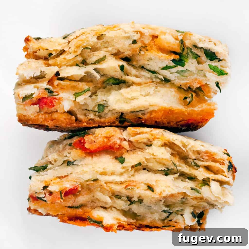 Vibrant Tomato Arugula Feta Biscuits 3 Close-up of a halved Tomato Arugula Feta Biscuit revealing flaky layers