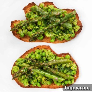 Smashed Spring Pea & Asparagus Toasts 4 Smashed Pea Asparagus Tartines ready to be served, showing golden toast, green pea spread, and asparagus spears