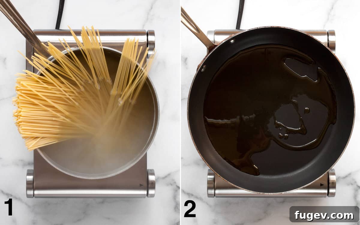 Lemon-Kissed Garlic Mushroom Pasta 4 Two side-by-side images: one showing spaghetti boiling in a large pot, the other depicting olive oil heating in a large skillet on the stovetop.