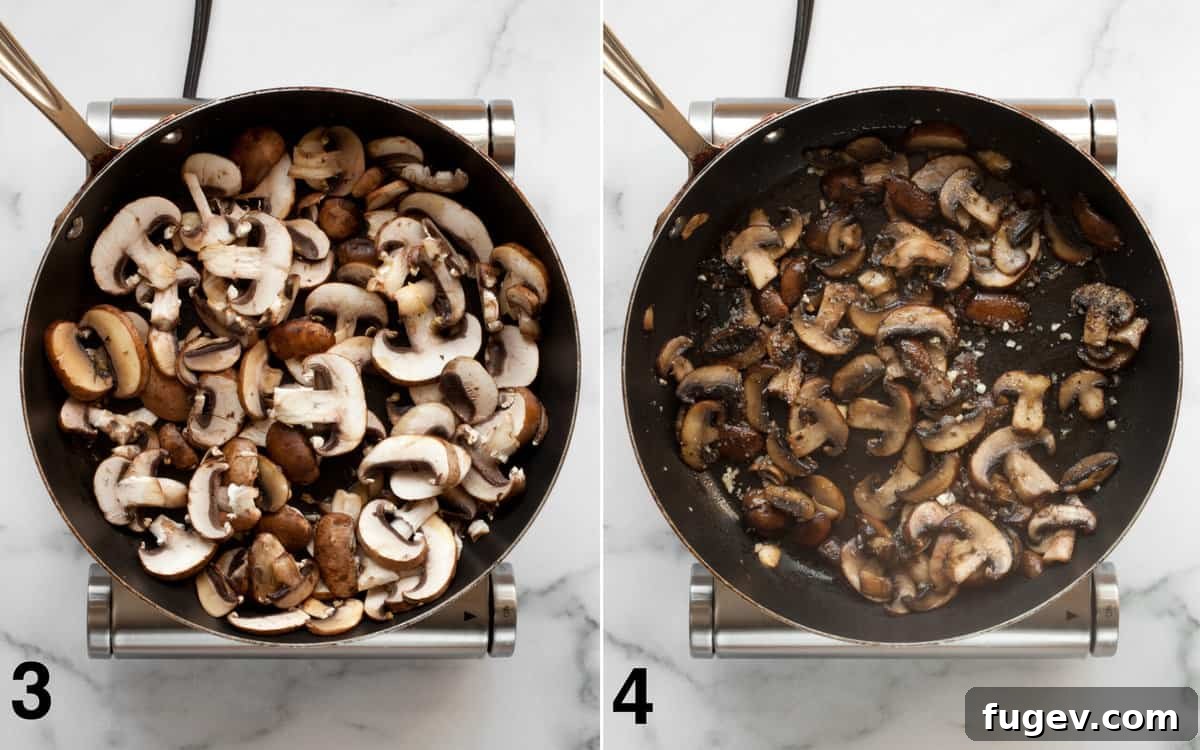 Lemon-Kissed Garlic Mushroom Pasta 5 Two images showcasing the cooking process: first, sliced mushrooms sautéing in a skillet until browned; second, minced garlic, salt, and pepper being stirred into the caramelized mushrooms.