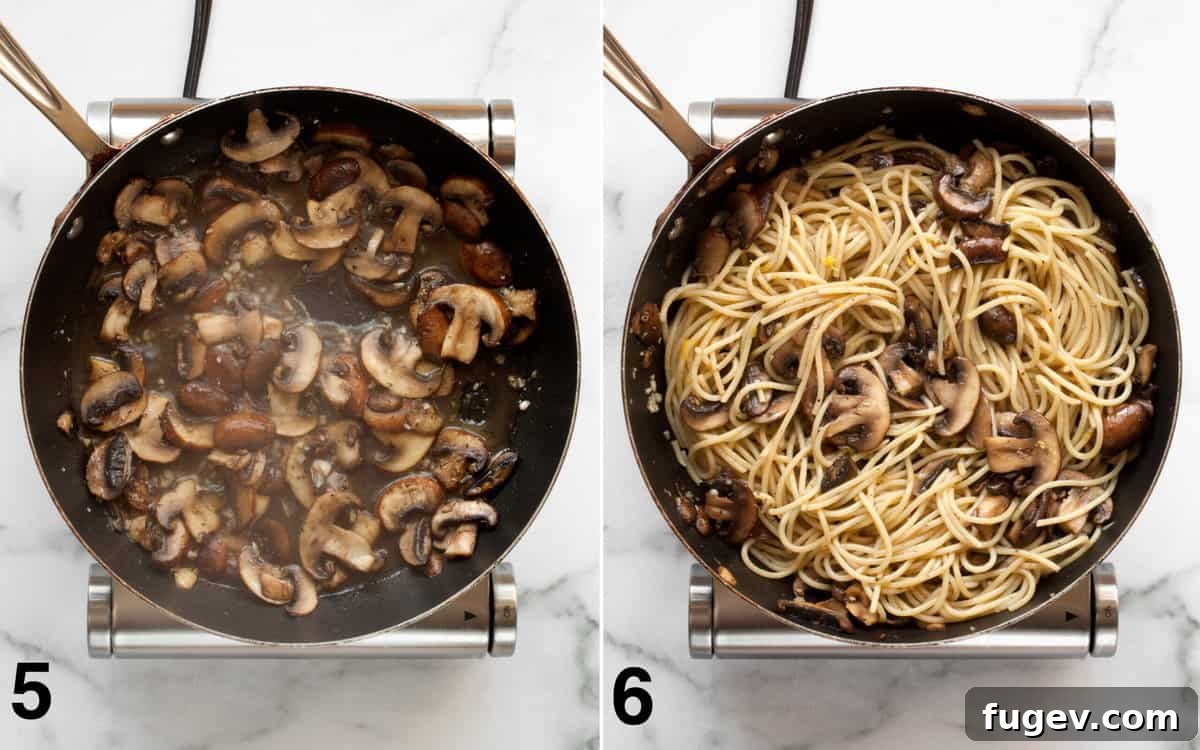 Lemon-Kissed Garlic Mushroom Pasta 6 Two sequential images demonstrating the assembly: first, fresh lemon juice being squeezed into the sautéed mushrooms; second, cooked spaghetti, olive oil, and lemon zest being tossed together with the mushrooms in the skillet.