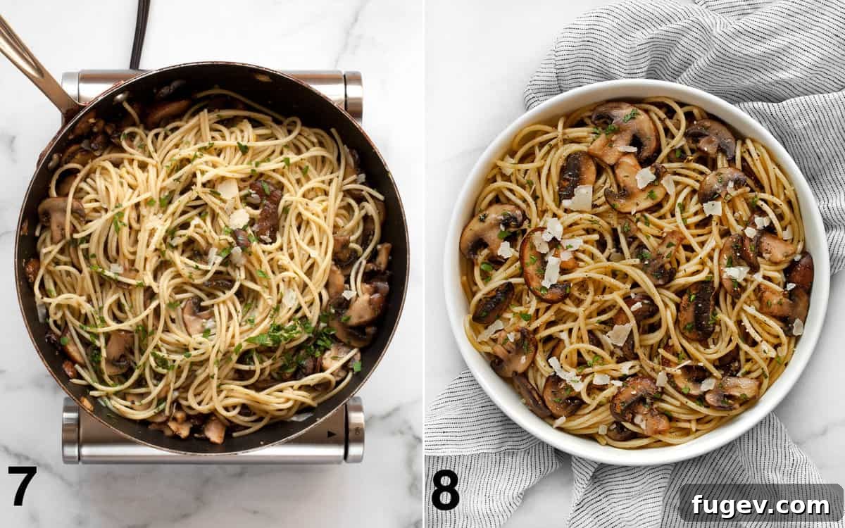 Lemon-Kissed Garlic Mushroom Pasta 7 Two compelling images: first, the spaghetti being tossed with fresh parsley and grated Parmesan in the skillet; second, the finished lemon garlic mushroom spaghetti elegantly spooned into a serving bowl.