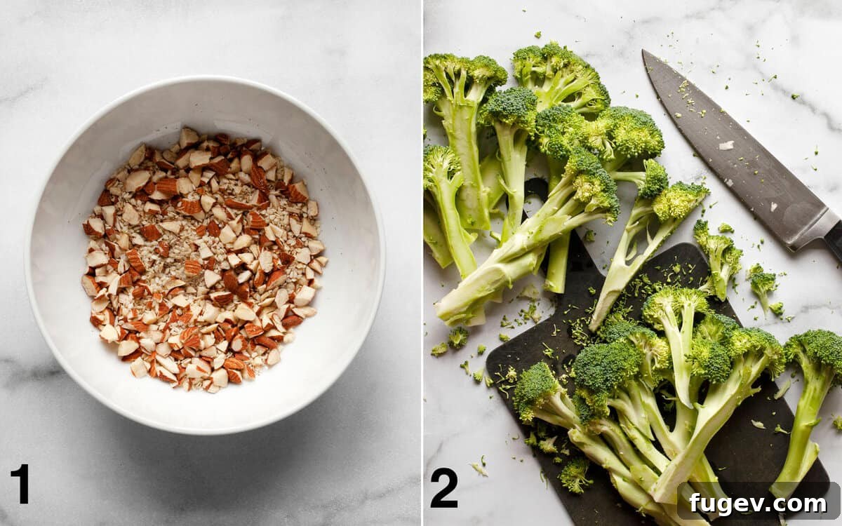 Smoky Lemon-Kissed Broccoli 4 A small bowl of the nut and spice mix next to sliced broccoli florets on a wooden cutting board, showing the ideal cut for grilling.