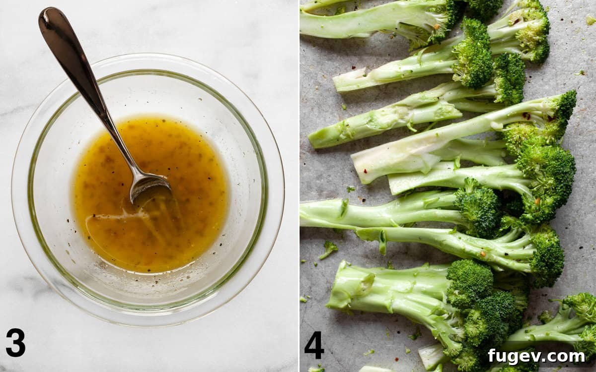 Smoky Lemon-Kissed Broccoli 5 A bowl of the lemon marinade and a sheet pan filled with broccoli coated in the marinade, ready for grilling.