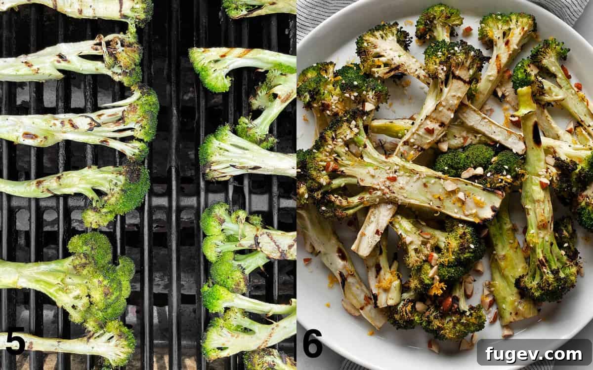 Smoky Lemon-Kissed Broccoli 6 Images showing broccoli on a hot grill, achieving perfect char, and then a beautifully arranged serving plate of grilled broccoli topped with the nut-seed mix and lemon zest.