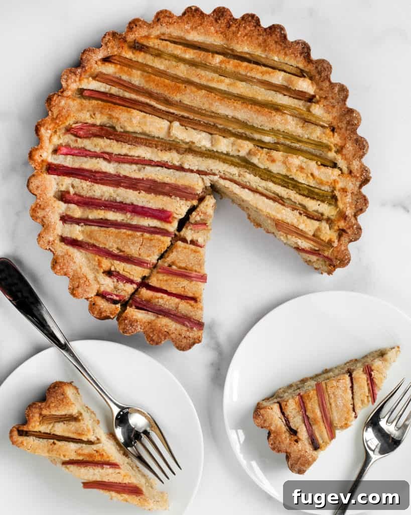 Blissful Rhubarb Almond Cake 3 Slice of Rhubarb Almond Cake showing the moist crumb and rhubarb layer