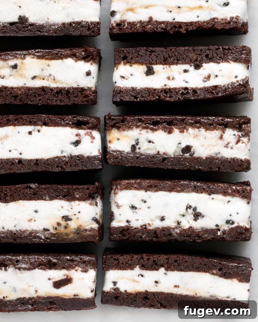 Decadent Brownie Ice Cream Sandwiches 4 Brownie Ice Cream Sandwiches ready for serving, showcasing their delicious layers