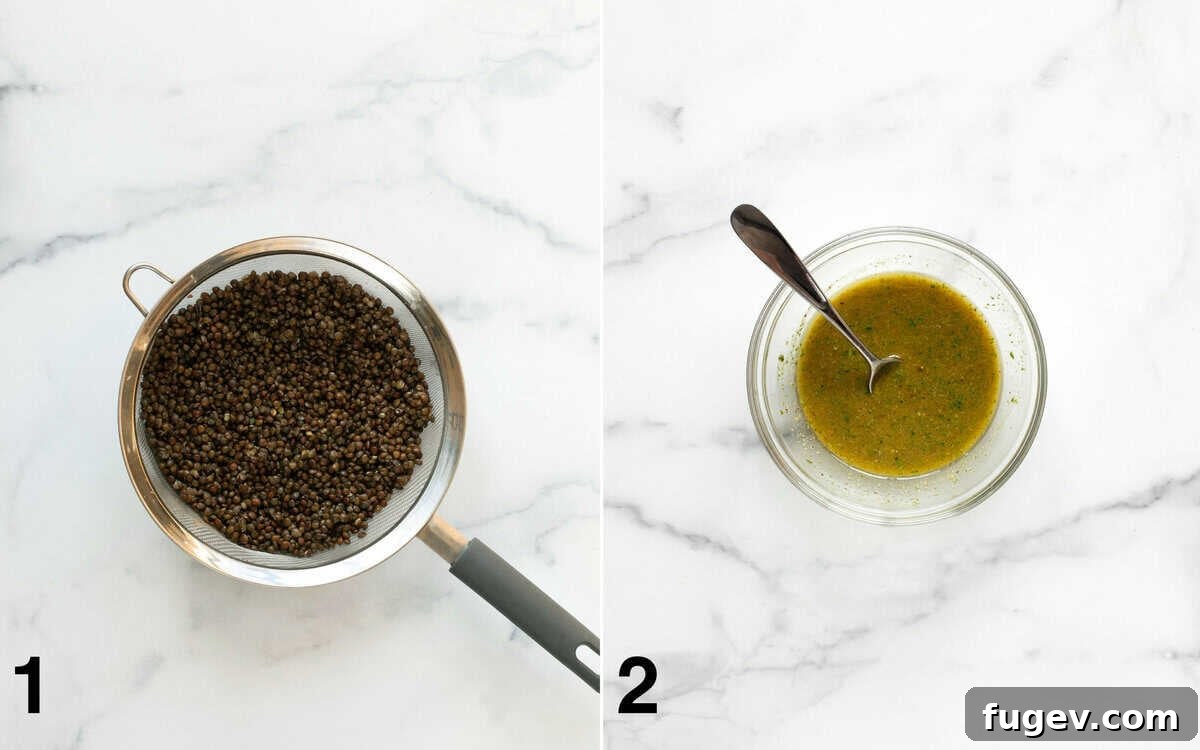 Mediterranean Grilled Halloumi Lentil Salad 4 A mesh strainer holding freshly cooked black lentils next to a small bowl containing a vibrant green pesto vinaigrette.