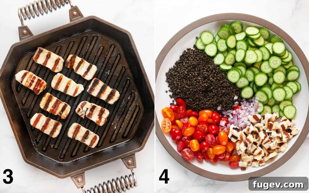 Mediterranean Grilled Halloumi Lentil Salad 5 Grilled halloumi slices showing distinct grill marks in a grill pan, alongside a large bowl filled with assembled salad ingredients: lentils, cucumbers, tomatoes, and red onions.
