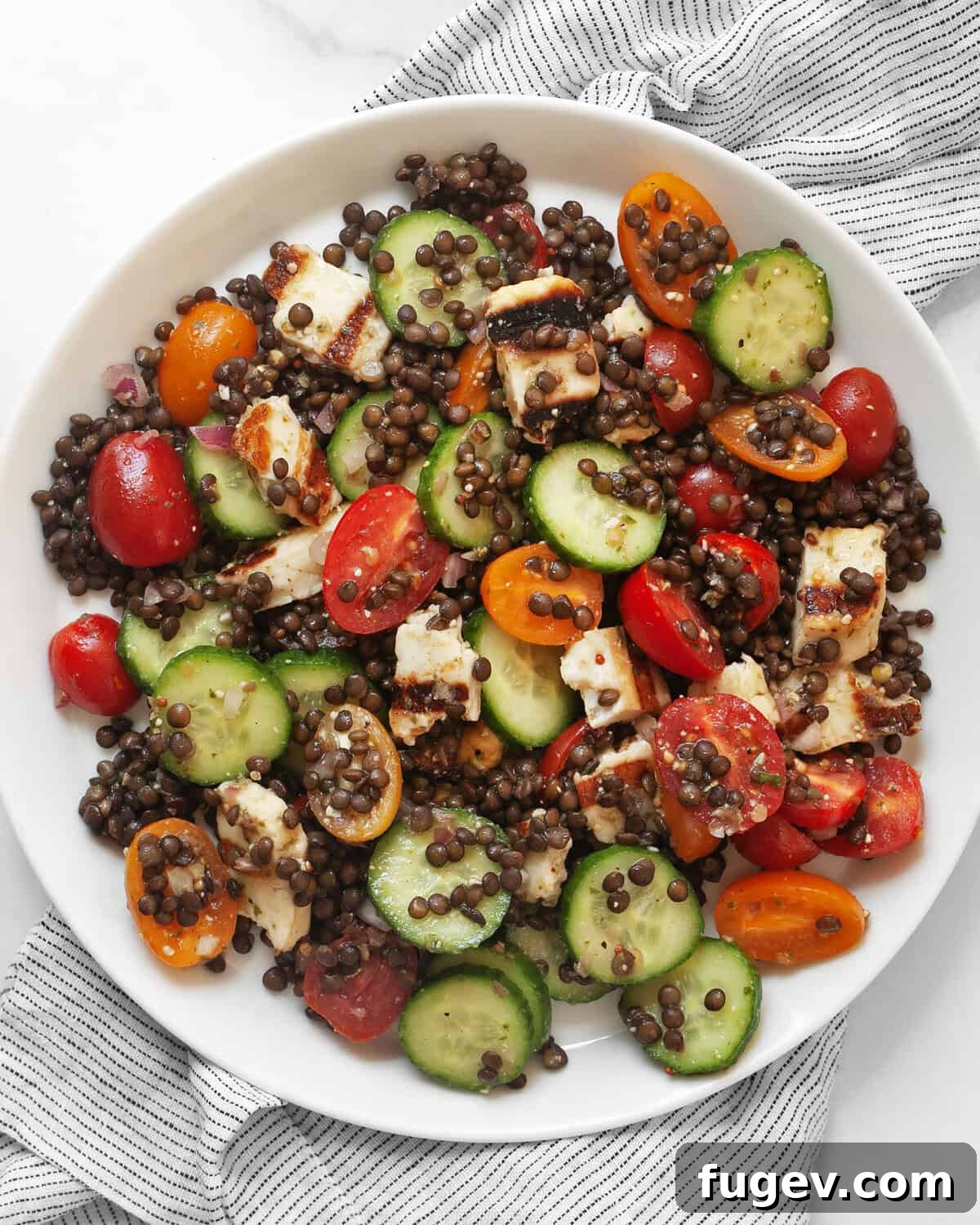 Mediterranean Grilled Halloumi Lentil Salad 7 A serving of grilled halloumi lentil salad on a white plate, showcasing the grilled halloumi, black lentils, cucumbers, and tomatoes.
