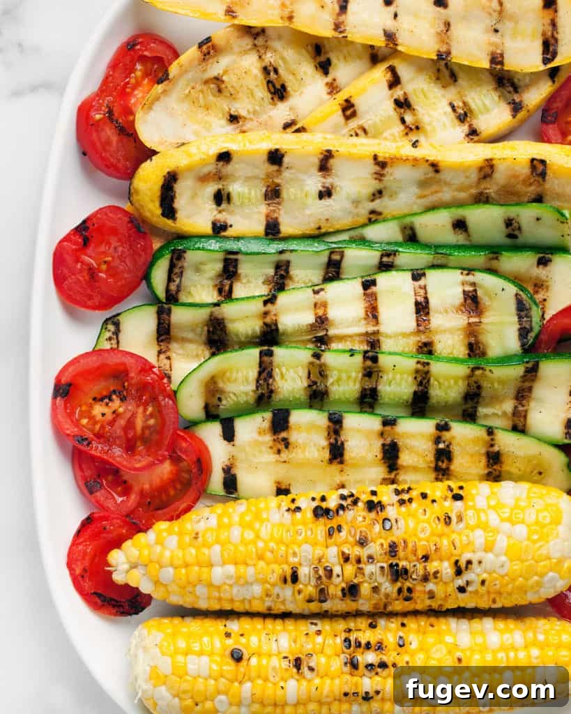 No Grill? Perfectly Grilled Vegetables on Your Stovetop 5 Grilled zucchini, squash, corn and tomatoes on a plate