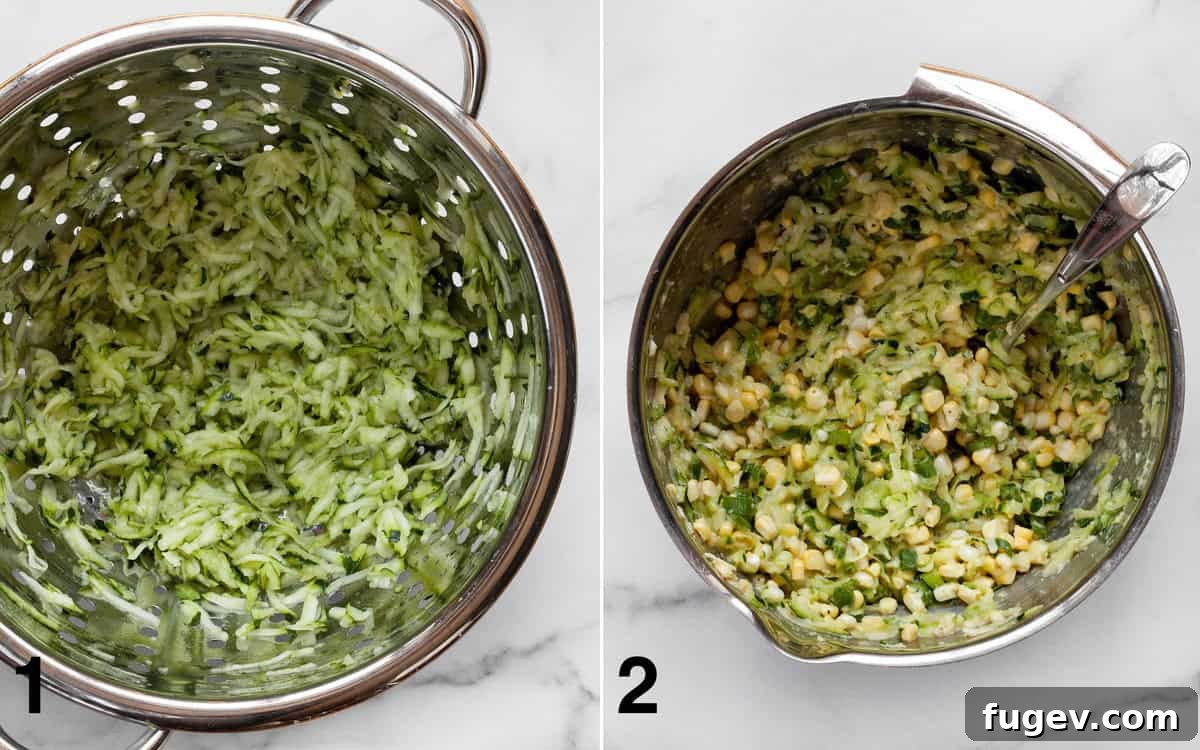 Golden Baked Zucchini Corn Fritters 4 Shredded zucchini in a colander after salting and the prepared fritter batter in a mixing bowl.