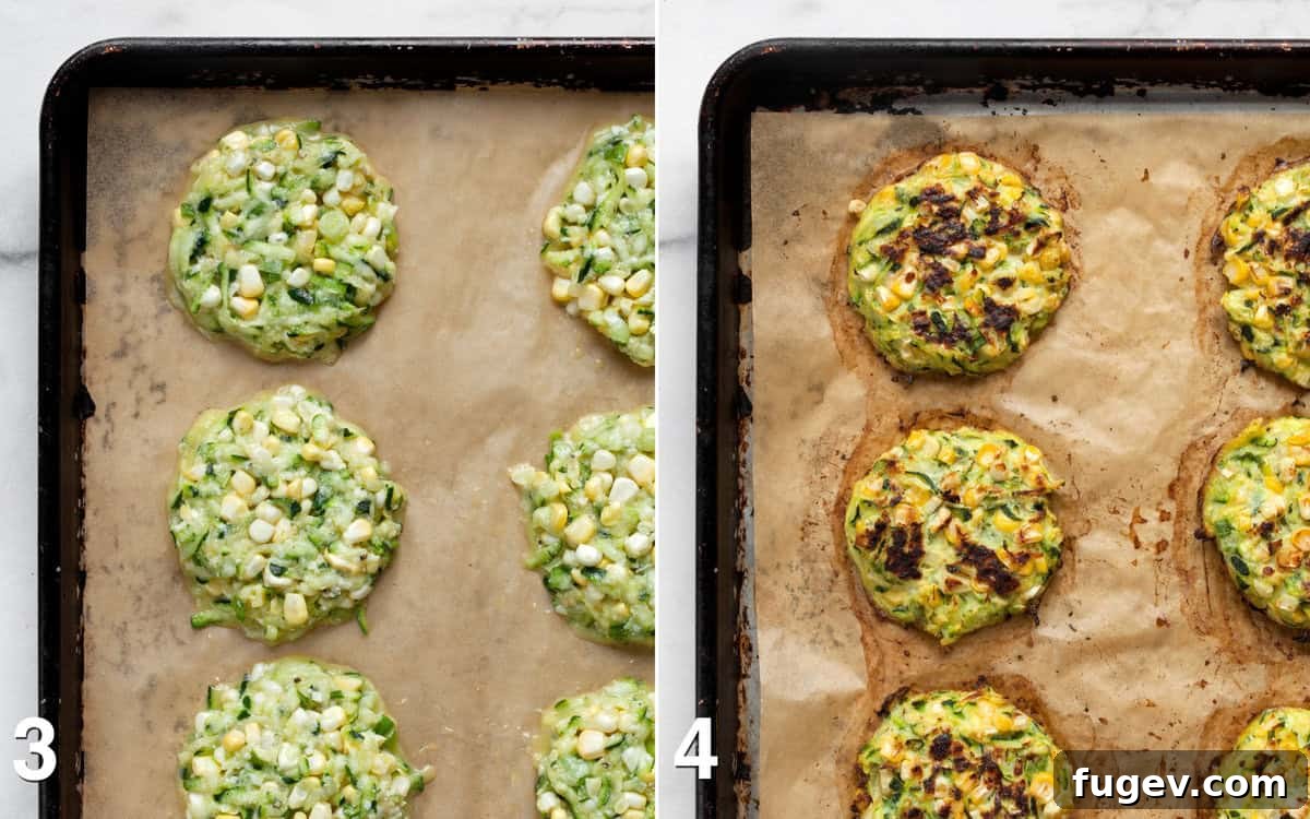 Golden Baked Zucchini Corn Fritters 5 Zucchini corn fritters arranged on a sheet pan before baking and the same fritters after achieving a golden-brown finish.