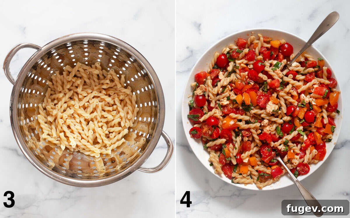 Bruschetta Inspired Pasta Salad 5 Cooked pasta draining in a colander beside a bowl of freshly combined bruschetta pasta salad ingredients.