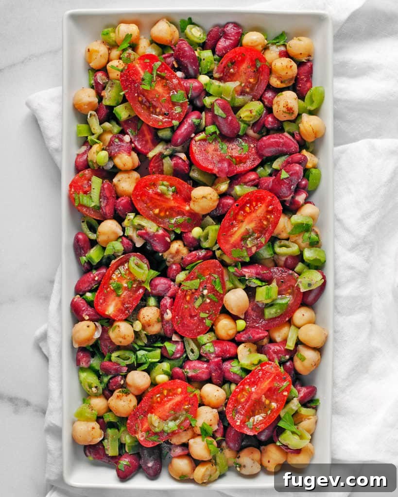 Snappy Pea and Bean Salad 3 Close-up of the Chickpea Kidney Bean Snap Pea Salad, showing fresh ingredients and vibrant colors.