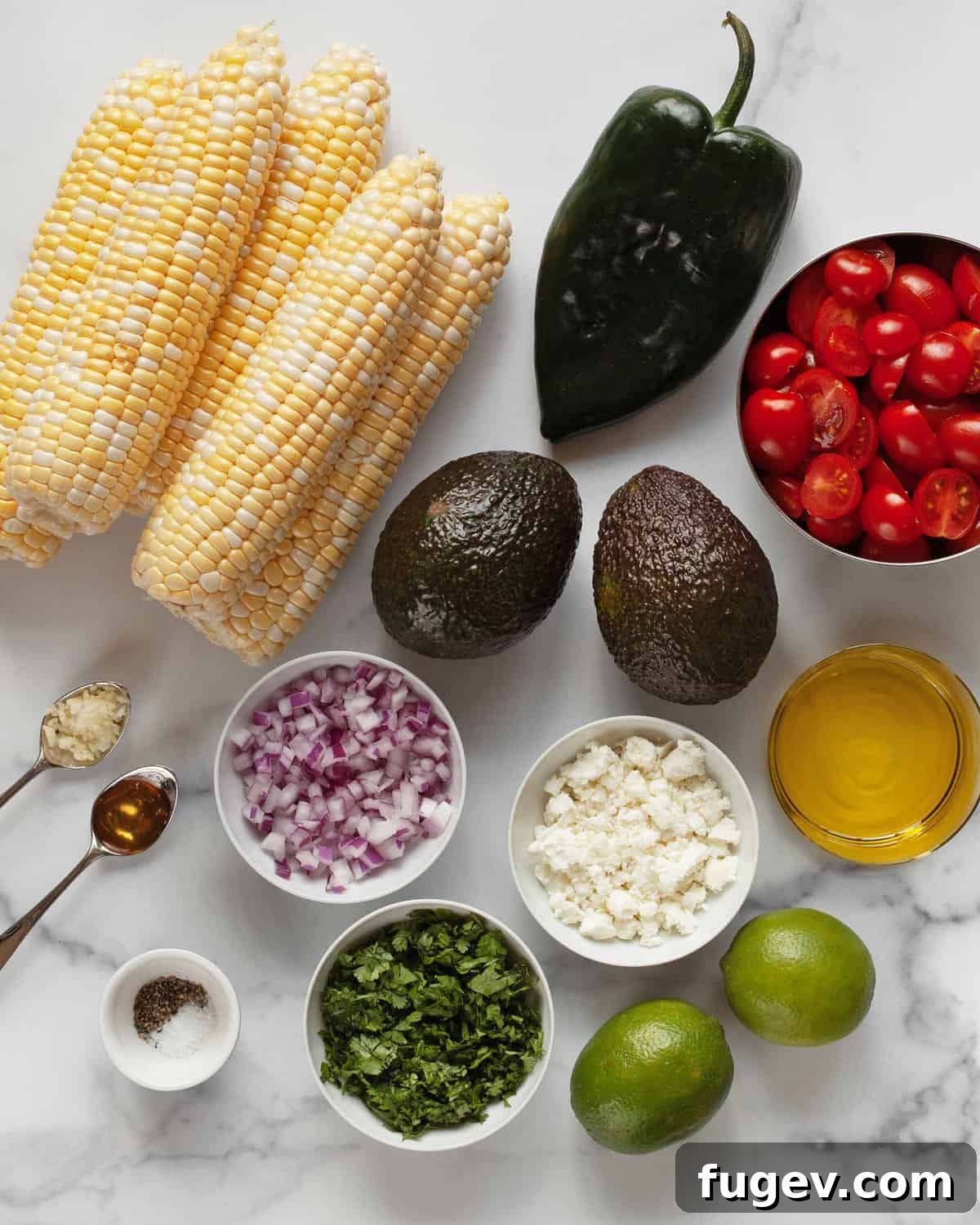 Zesty Avocado Corn Salad 3 Ingredients including avocados, corn, tomatoes, onions, cilantro, limes, olive oil, garlic, salt, pepper.