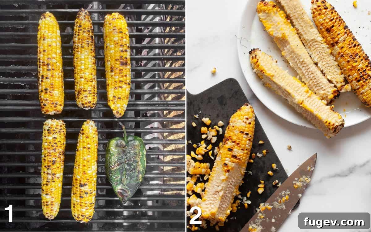 Zesty Avocado Corn Salad 4 Corn and poblano pepper on the grill. Grilled corn on a cutting board with kernels sliced off.