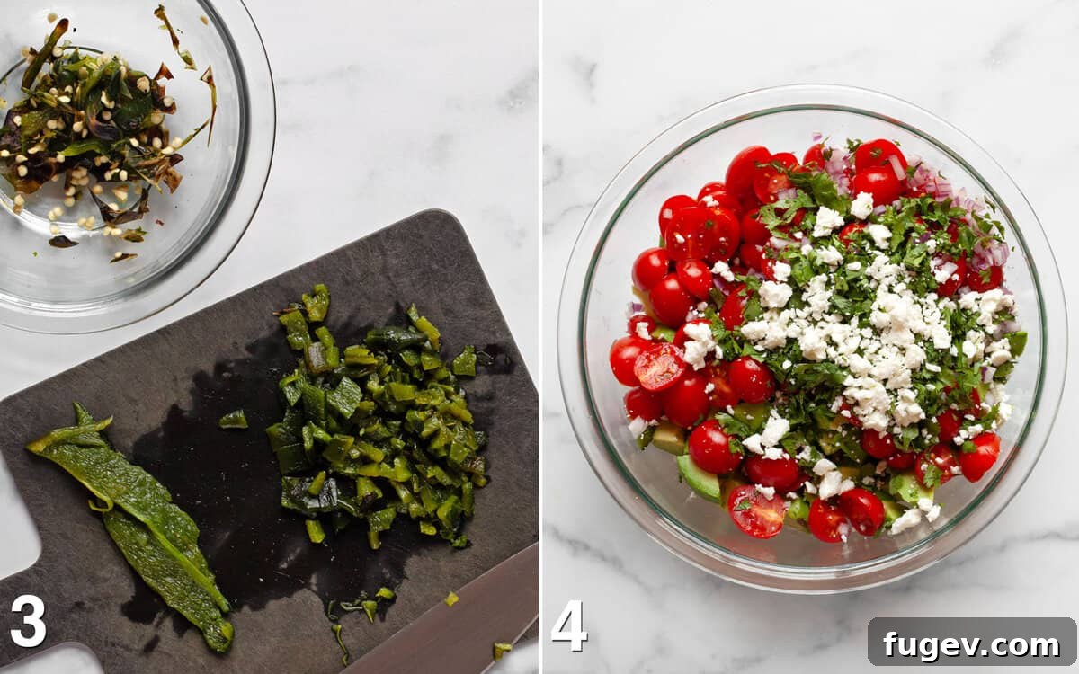 Zesty Avocado Corn Salad 5 Chopped poblano peppers on a cutting board. Salad ingredients assembled in a bowl.