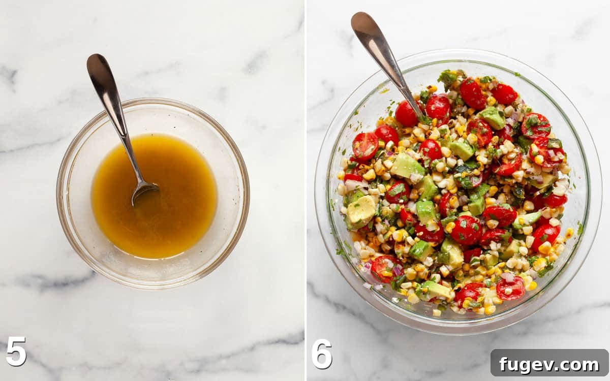 Zesty Avocado Corn Salad 6 Honey lime dressing in a bowl. Dressing stirred into salad.