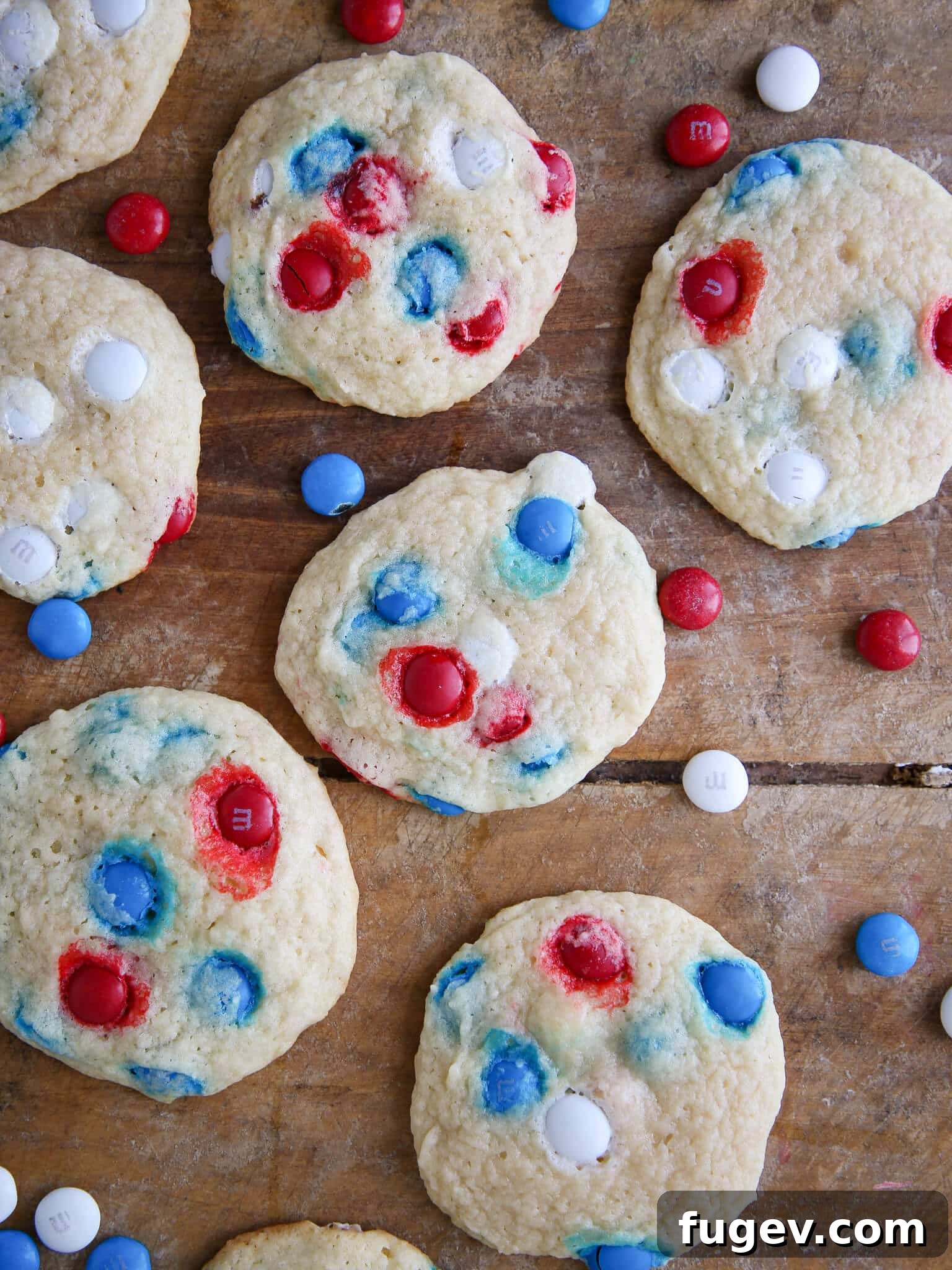 Star-Spangled M&M Sugar Cookies 2 Patriotic M&M Sugar Cookies on wooden surface red white blue