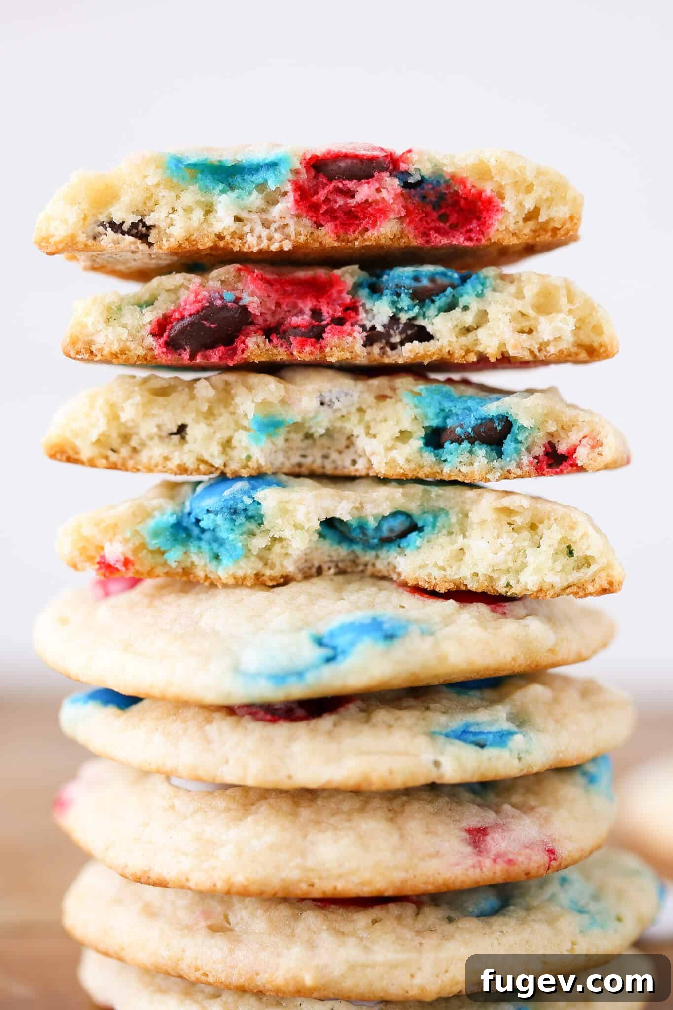 Star-Spangled M&M Sugar Cookies 3 Patriotic M&M Sugar Cookies broken open tall stack