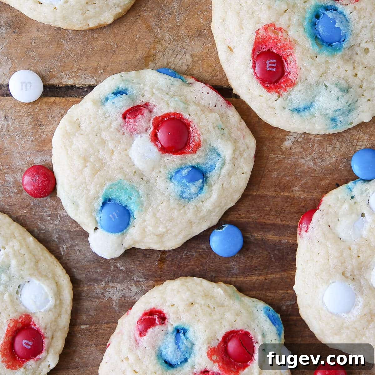 Star-Spangled M&M Sugar Cookies 5 Patriotic M&M Sugar Cookies on wooden surface