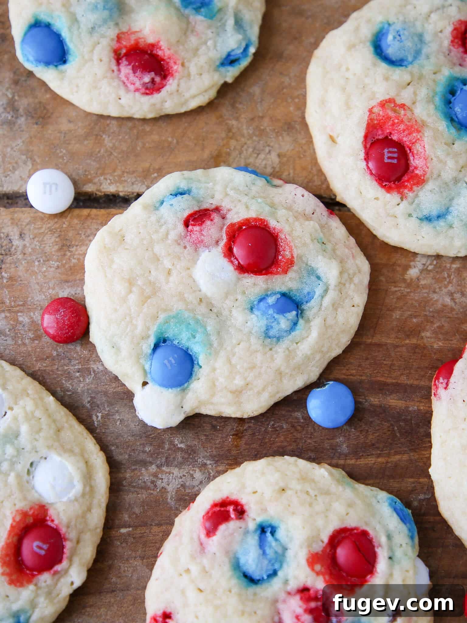 Star-Spangled M&M Sugar Cookies 6 Patriotic M&M Sugar Cookies on wooden surface detailed