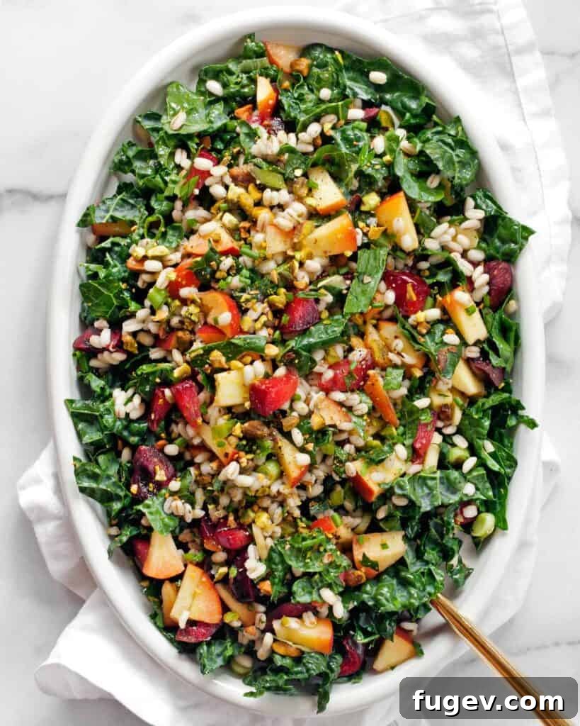 Sweet & Savory Stone Fruit Barley Kale Bowl 2 A beautifully arranged Stone Fruit Kale Barley Salad featuring vibrant peaches, plums, and kale.