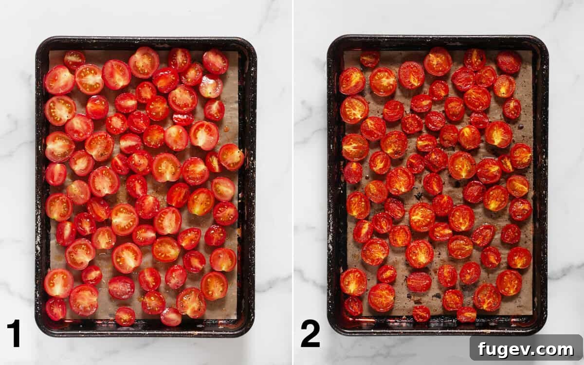 Fresh Caprese Bagel 4 Halved tomatoes on a sheet pan before and after roasting: fresh and vibrant to tender and caramelized.