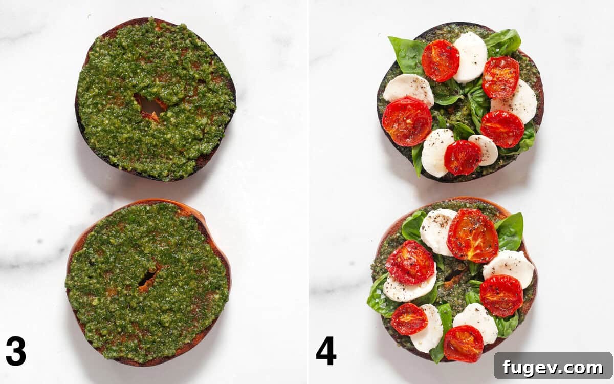Fresh Caprese Bagel 5 Toasted bagels spread with pesto, layered with roasted tomatoes, fresh mozzarella, and vibrant basil leaves, ready to be served.