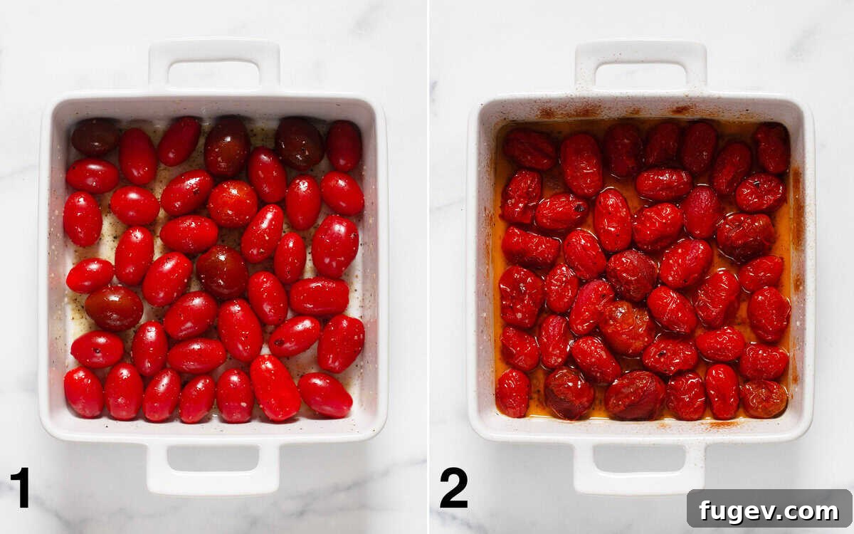 Golden Harvest Roasted Tomato Dressing 4 Two images placed side-by-side, illustrating the transformation of cherry tomatoes. On the left, fresh cherry tomatoes are seasoned in an 8-inch baking dish, ready for the oven. On the right, the same tomatoes are shown after roasting, appearing beautifully soft, wrinkled, and bursting with juices.