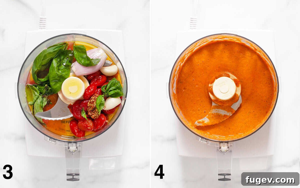 Golden Harvest Roasted Tomato Dressing 5 Two sequential images illustrating the vinaigrette blending process. On the left, all prepared salad dressing ingredients are placed in a food processor bowl. On the right, the smoothly pureed, vibrant red and creamy roasted tomato vinaigrette is showcased after blending.