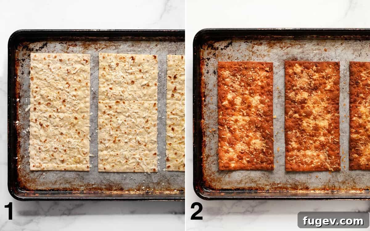 Crispy Lavash Garden Flatbread 4 Before and after comparison of lavash bread on a sheet pan; one side is sprinkled with Parmesan cheese, and the other is perfectly golden brown and crispy after being toasted in the oven.